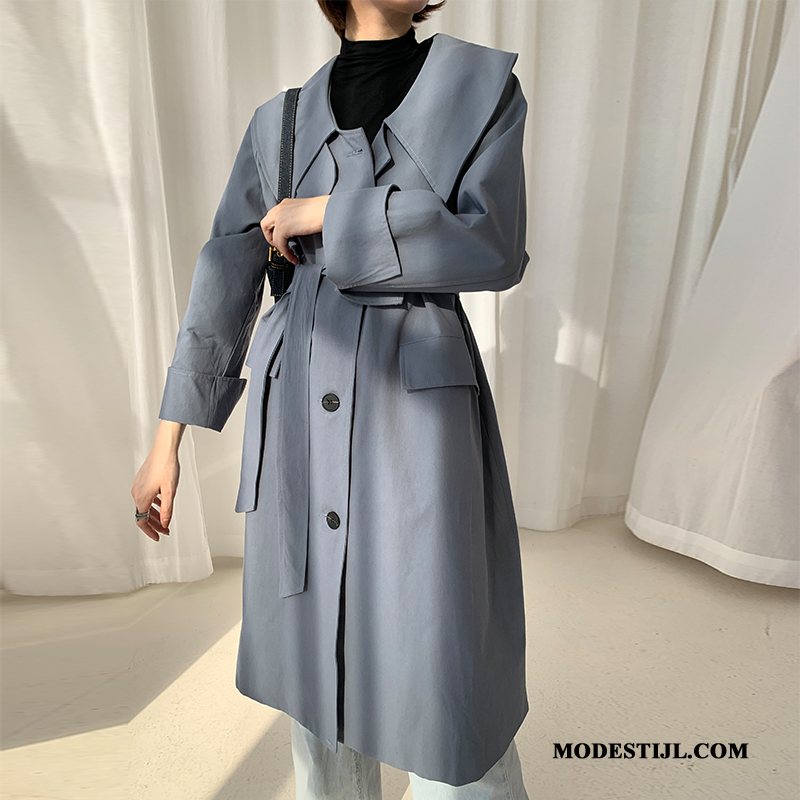 Dames Trenchcoat Korting Elegante Vrouwen Met Één Rij Knoppen Eenvoudige Lang Blauw