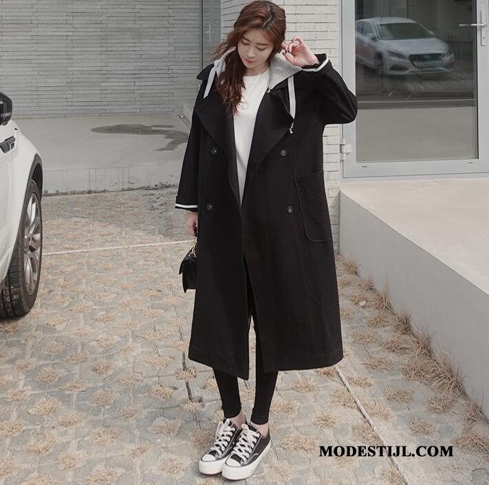 Dames Trenchcoat Korting Trend Losse Brits Hoodie Dubbele Knop Zwart