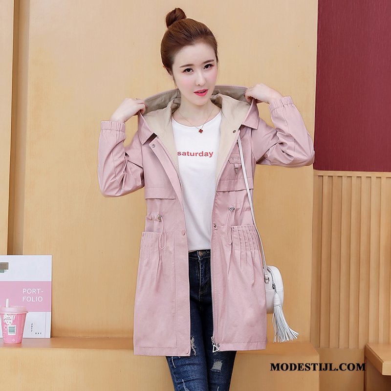 Dames Trenchcoat Online 2019 Herfst Elegante Hoodie Eenvoudige Roze Rood