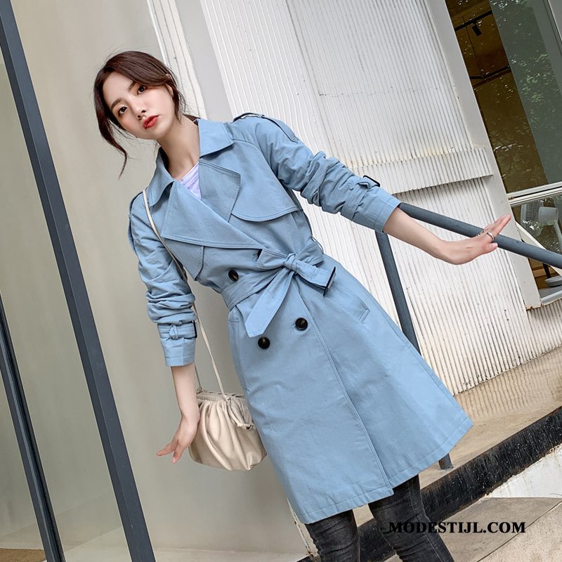 Dames Trenchcoat Online Dunne Elegante Dubbele Knop Jas Slim Fit Blauw