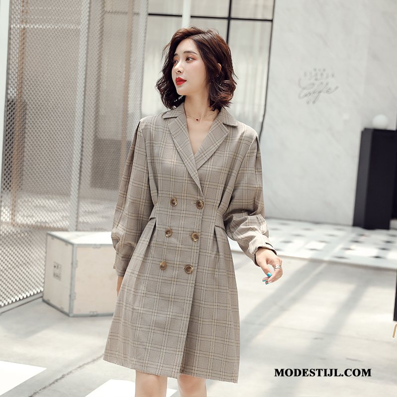 Dames Trenchcoat Online Lang Dubbele Knop Elegante Trend Herfst Grijs