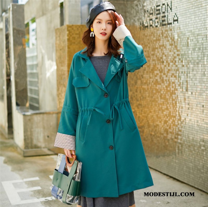 Dames Trenchcoat Online Vintage Lange Strakke Herfst Jas Blauw Groen