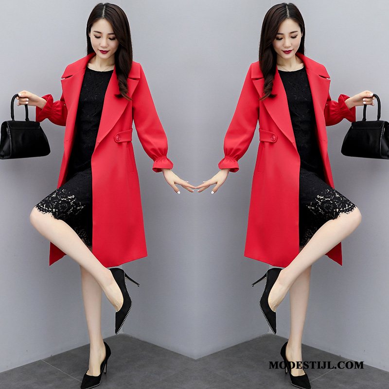 Dames Trenchcoat Sale Lang Herfst Trend Populair Elegante Rood