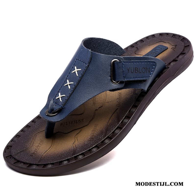 Heren Flip Flops Aanbiedingen Ademende Trend Mannen Sandaal Leer Blauw Zandkleur