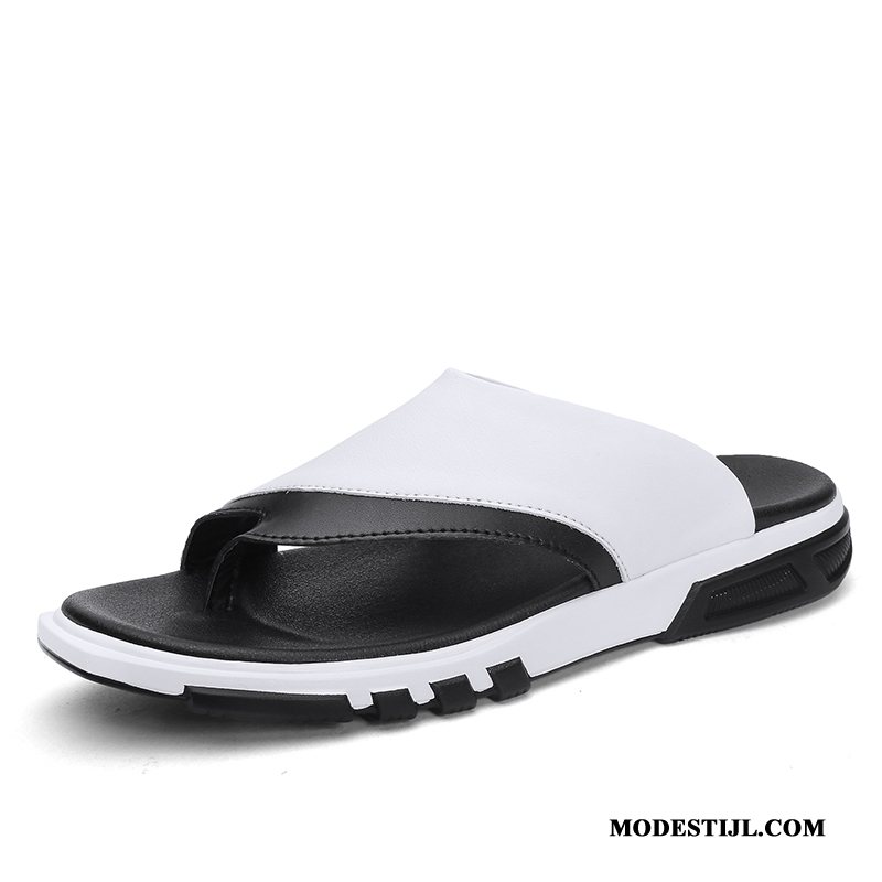 Heren Flip Flops Kopen Slipper Leer Antislip Mode Mannen Zandkleur Wit