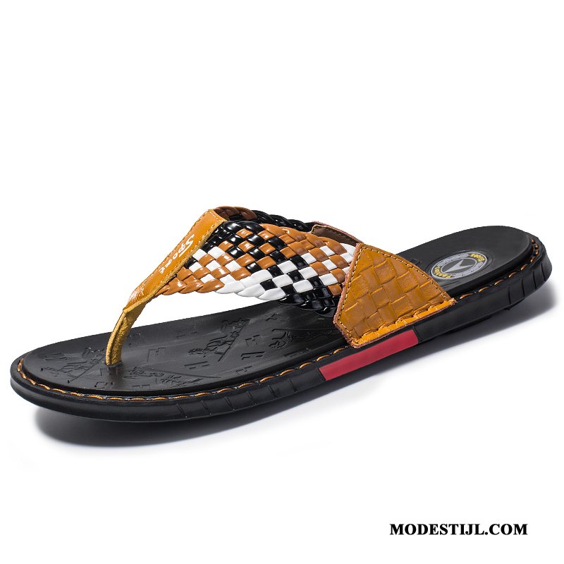 Heren Flip Flops Sale Echt Leer Slipper Trend Zomer Mannen Bruine