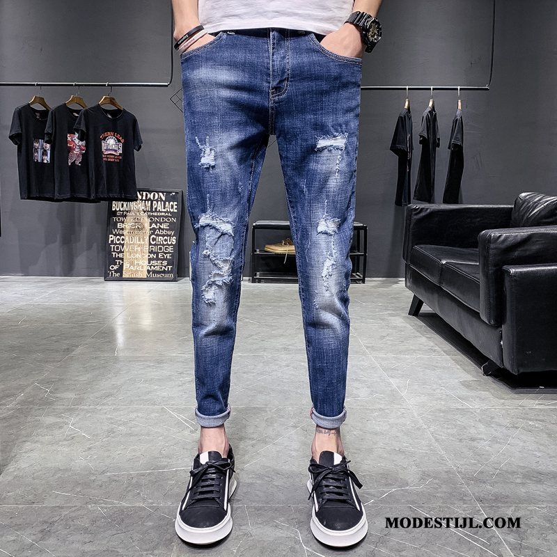 Heren Jeans Goedkoop Mini Gaten Spijkerbroek Jeans Slim Fit Trend Blauw