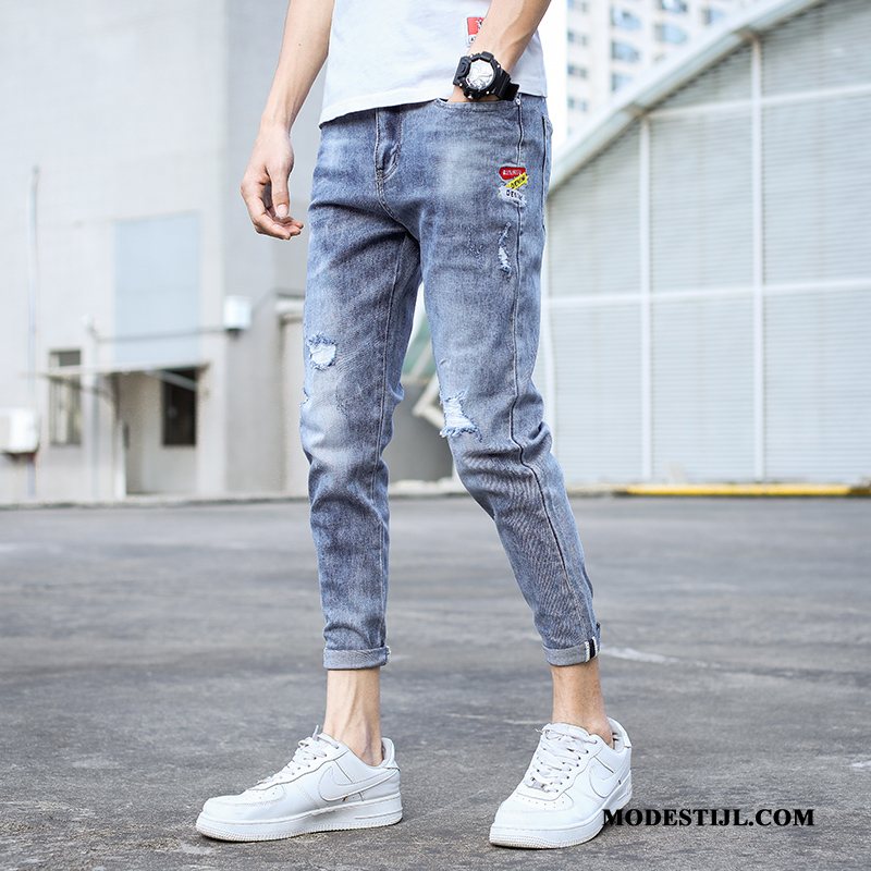 Heren Jeans Korting Elastiek Spijkerbroek Jeans Jeugd Trendy Merk Gaten Blauw