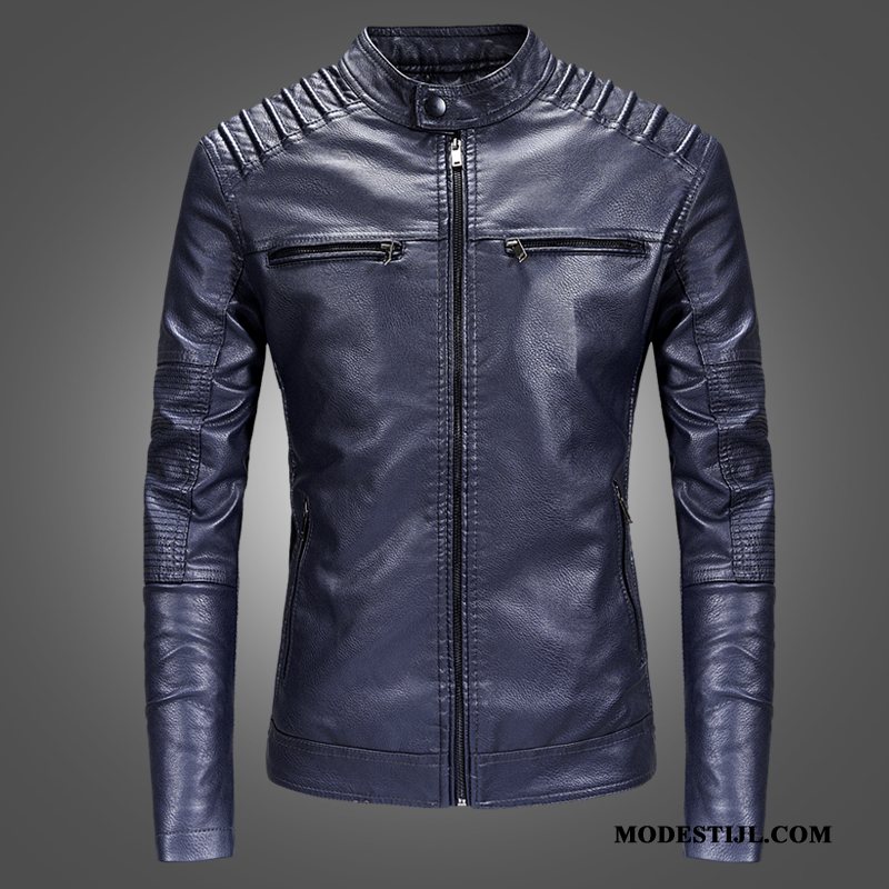 Heren Leren Jassen Sale Slim Fit Mannen Jack Casual Motorfiets Donkerblauw