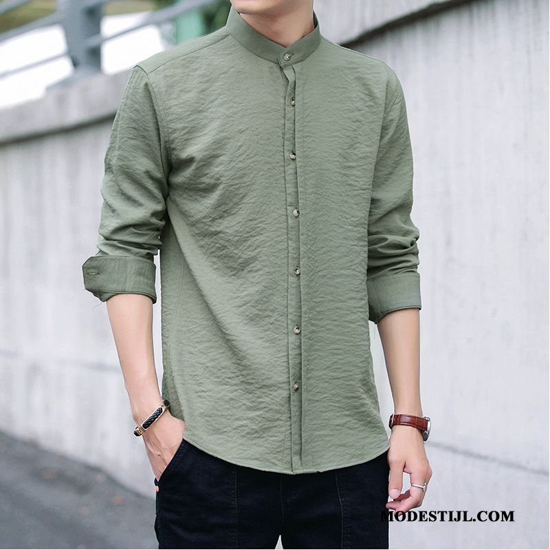 Heren Overhemden Goedkoop Jeugd Trend Zomer Slim Fit Lange Mouwen Effen Kleur Groen