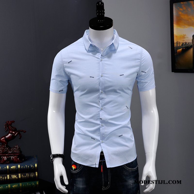 Heren Overhemden Kopen Bedrukken Bedrijf Zomer Trend Korte Mouw Blauw
