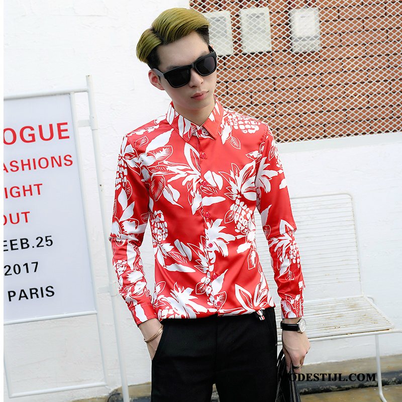 Heren Overhemden Kopen Mannen Trend Bloemen Lange Mouwen Slim Fit Rood