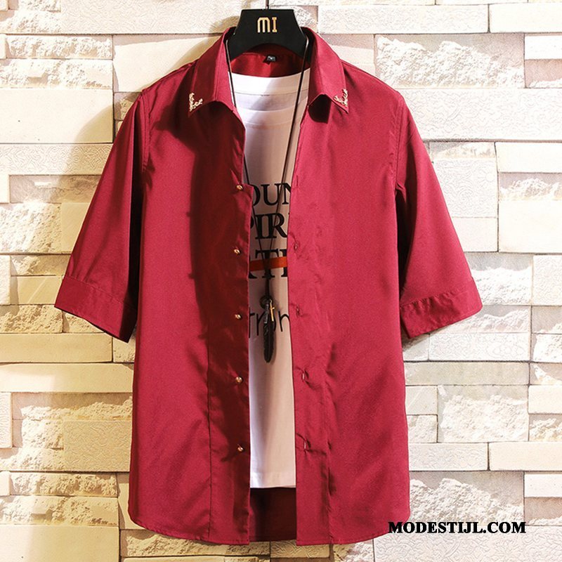 Heren Overhemden Kopen Nieuw Trend Trendy Merk Overhemd Kort Mouw Dunne Rode Wijn Effen Kleur