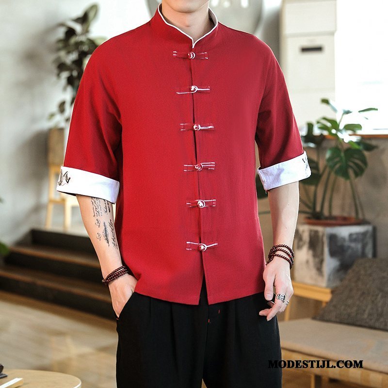 Heren Overhemden Kopen Trend Groot Mouw Chinese Stijl Borduurwerk Rood