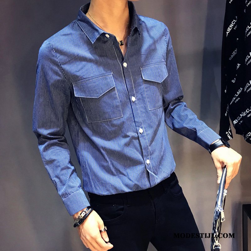 Heren Overhemden Korting Lange Mouwen 2019 Mooi Trend Slim Fit Blauw