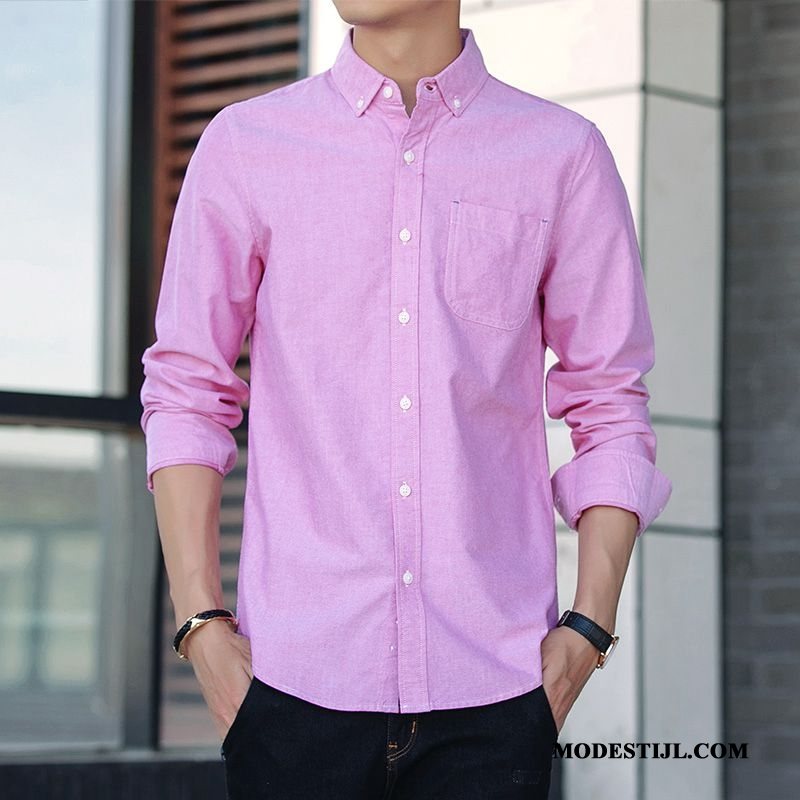 Heren Overhemden Online Bedrijf Lange Mouwen Trend Nieuw Casual Effen Kleur Roze