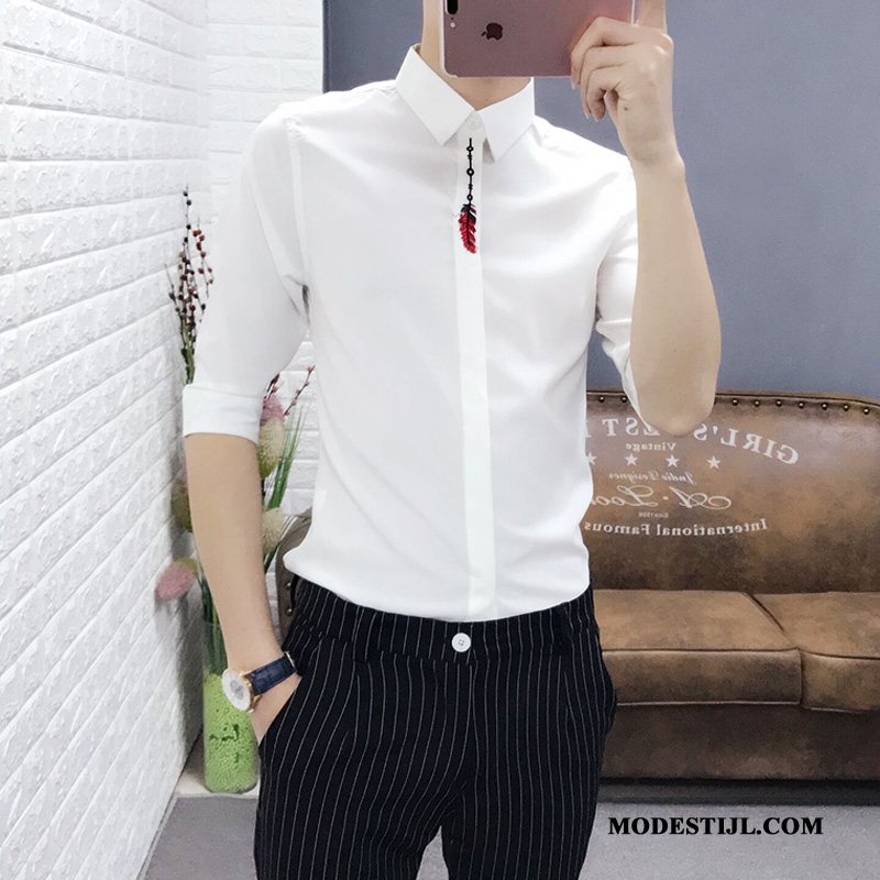 Heren Overhemden Online Mouw Korte Mouw Trend Slim Fit Borduurwerk Wit