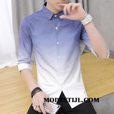 Heren Overhemden Sale Nieuw Slim Fit Halve Mouw Trend Casual Blauw