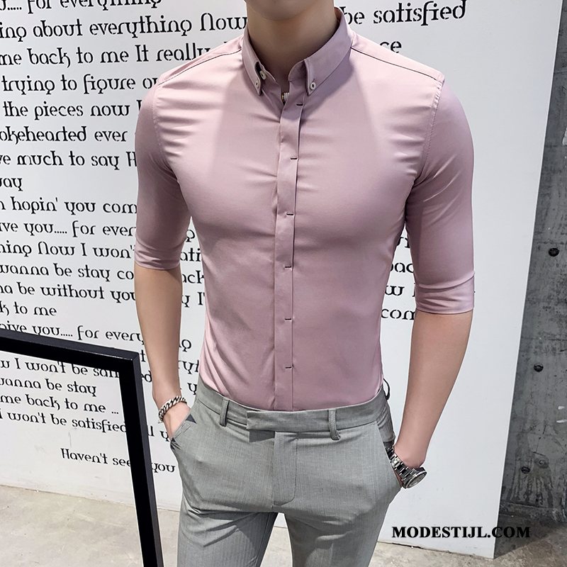 Heren Overhemden Sale Trend Korte Mouw Slim Fit Jeugd Casual Roze Wit