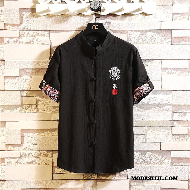 Heren Overhemden Sale Vintage Zomer Chinese Stijl Hoge Kraag Borduurwerk Zwart
