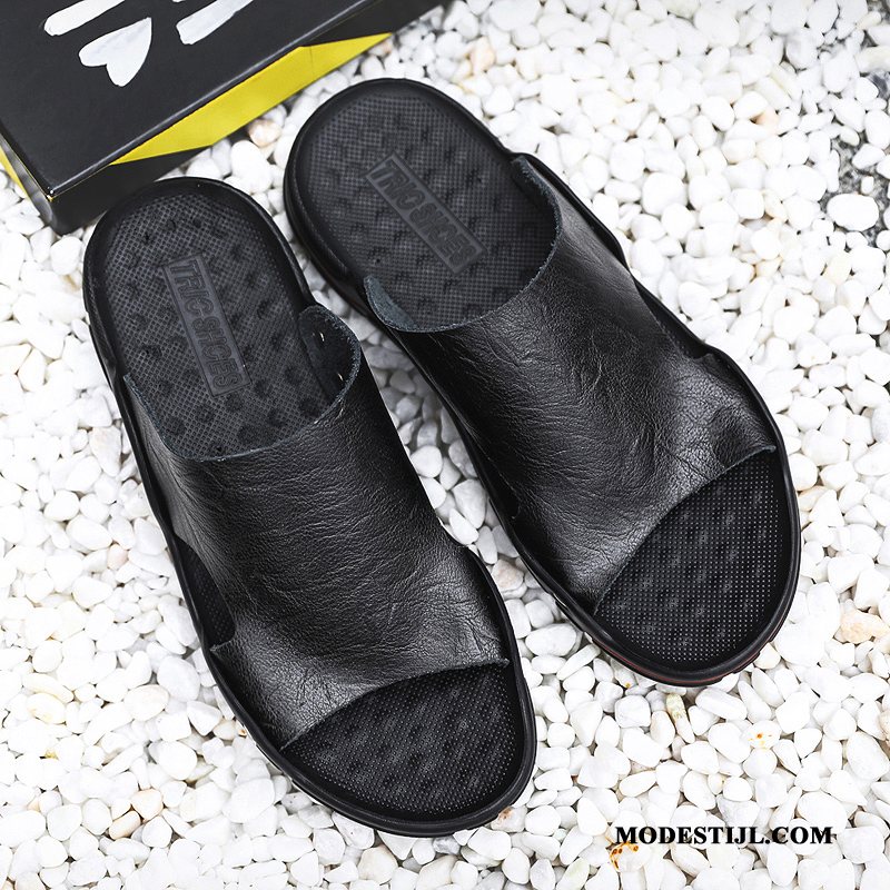 Heren Pantoffels Goedkoop Trend Echt Leer Mannen Sandaal Mode Zwart