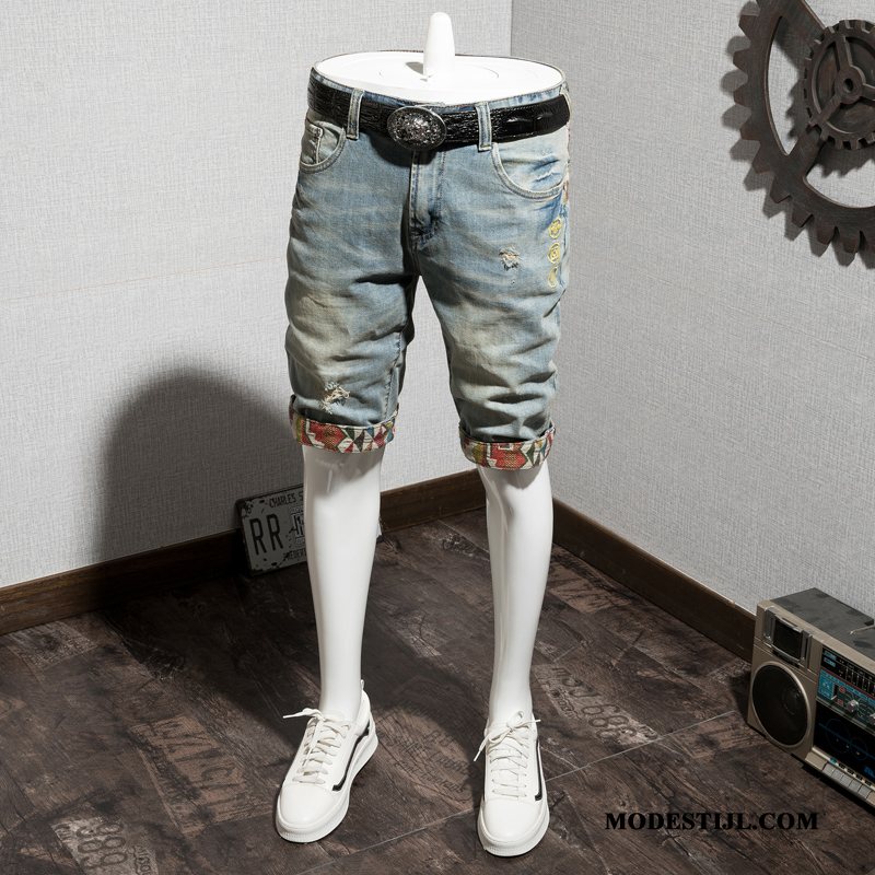 Heren Shorts Sale Broek Gaten Borduurwerk Trend Mannen Lichtblauw