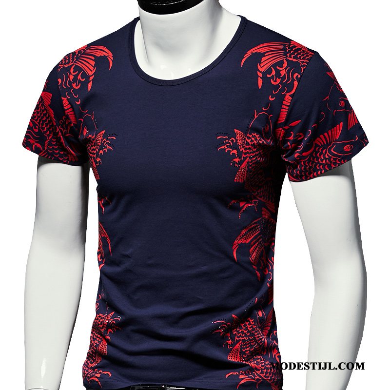 Heren T-shirts Aanbiedingen Slim Fit Halve Mouw Mannen Korte Mouw Patroon Marineblauw