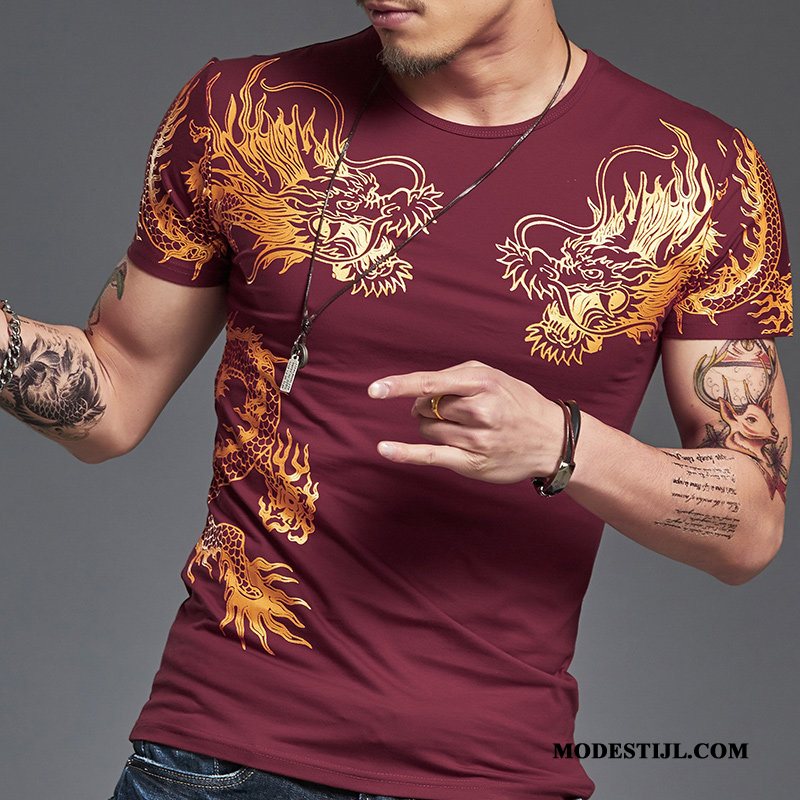 Heren T-shirts Kopen Ronde Hals Halve Mouw Trend Korte Mouw Zomer Rood