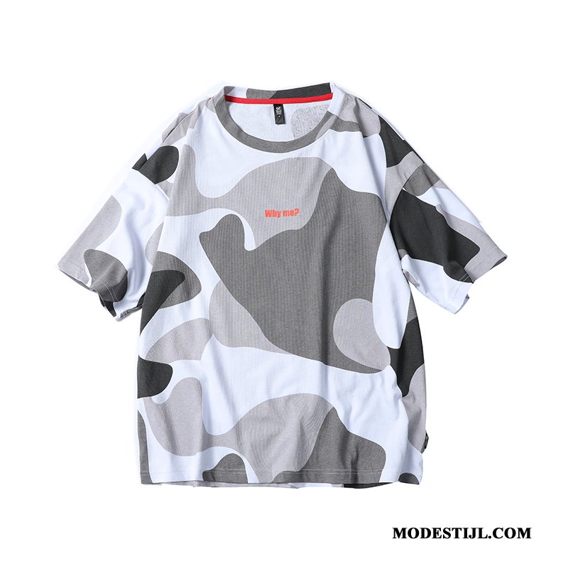 Heren T-shirts Online Losse Mannen Halve Mouw Ronde Hals Hip-hop Camouflage Wit